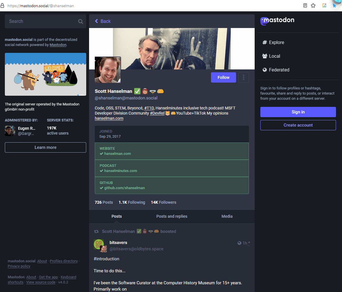 Scott Hanselman's Mastodon page