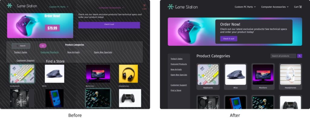 Side-by-side comparison of a poorly designed game site and a redesigned version.