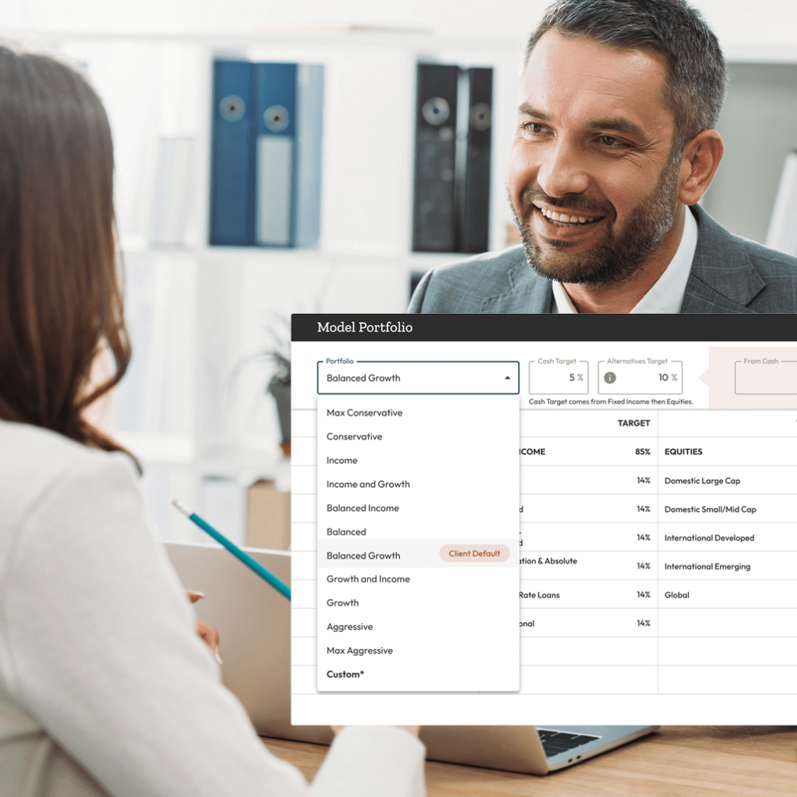 financial advisor talking to client with overlay of financial report screen