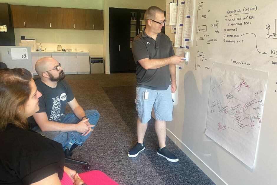 SEP engagement managers meeting with whiteboard presentation