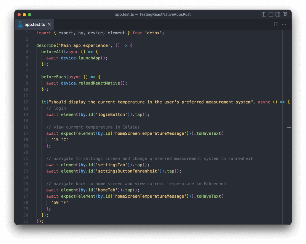 React Native UI Test Code Snippet