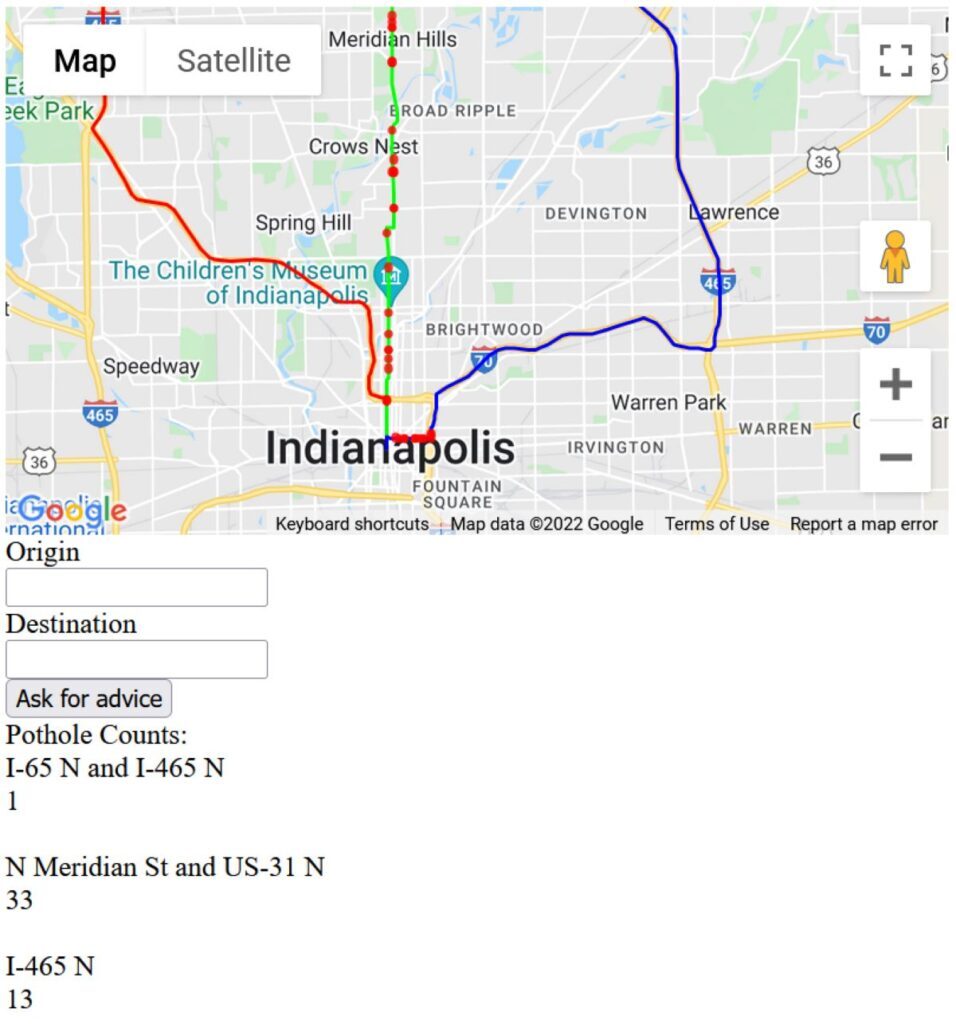 A Google map with three route options drawn on it. Each route has relevant potholes called out along it.