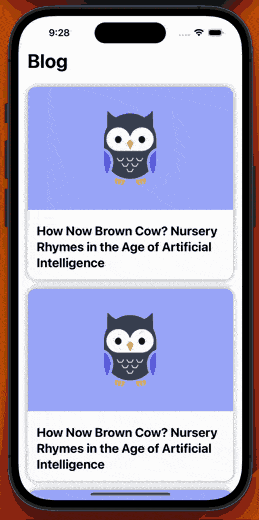 iPhone showing a blog article expanding in a Shared Element Transition