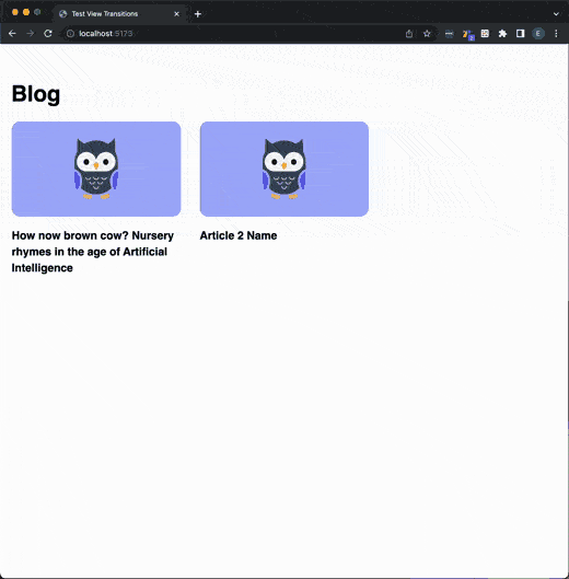 Website showing a blog article expanding using the Web Transitions API to achieve a Shared Element Transition