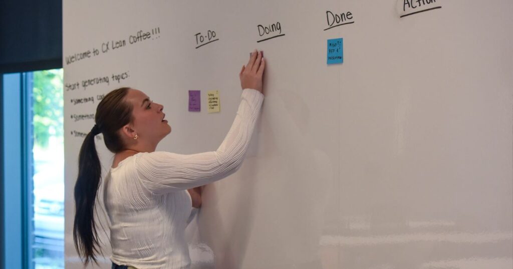 Facilitator at the whiteboard in a lean coffee meeting