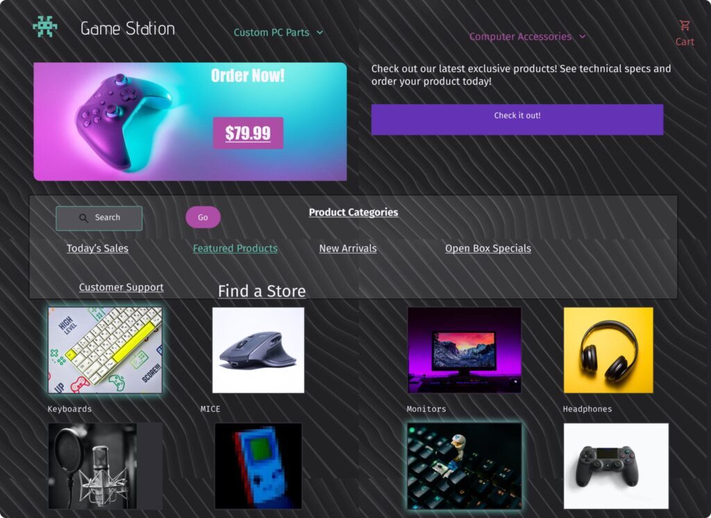 Image of a poorly designed website for a game store.