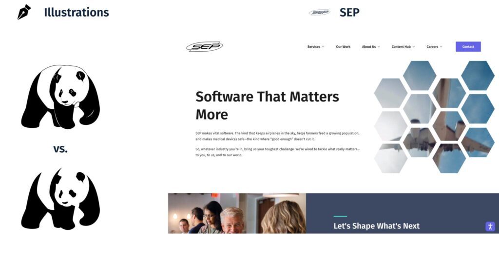 Illustration of a panda, one with lots of details and one with minimal details. On the right, an image of SEP's website.