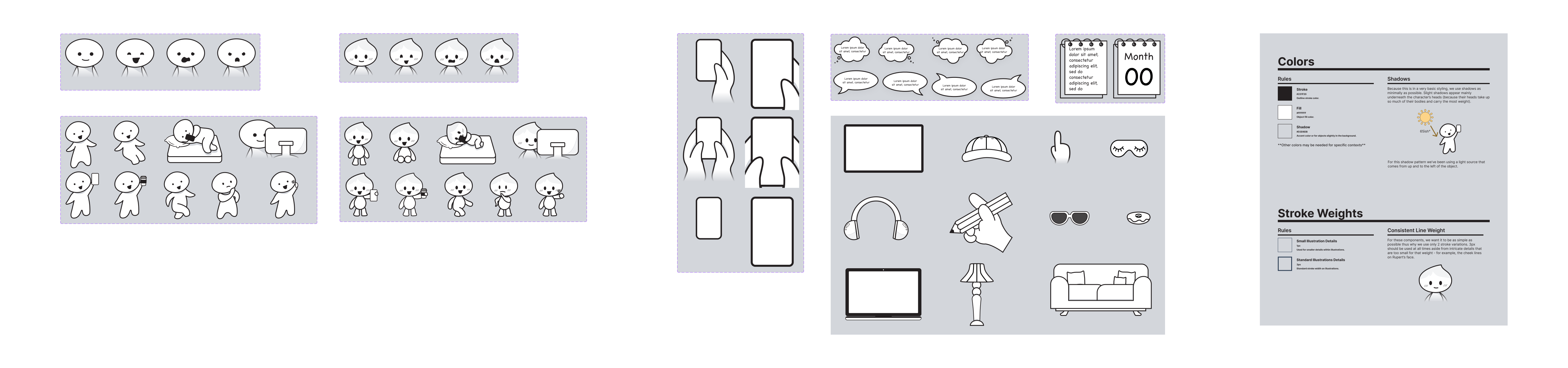 A storyboarding library that was created in Figma is broken down into characters, gestures, thought/word bubbles, and other items.