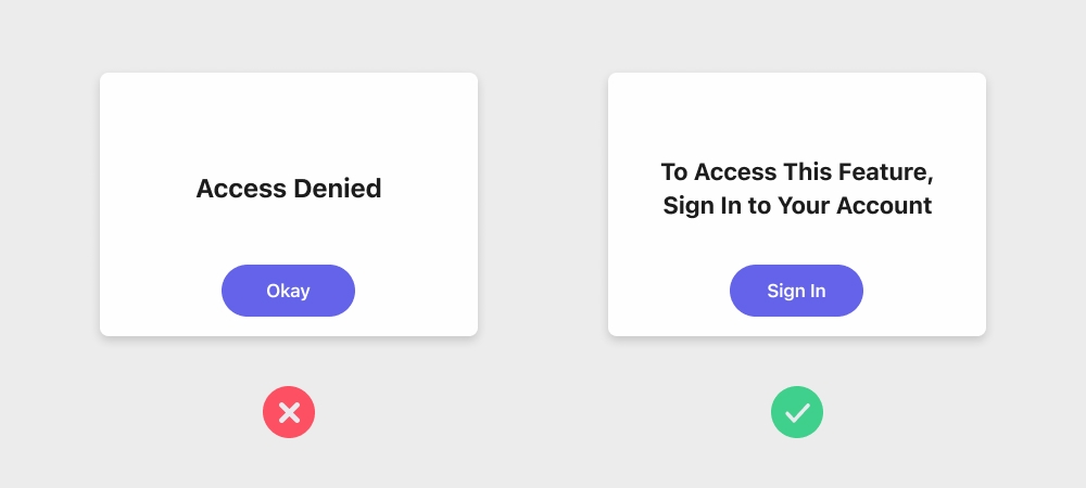 A bad and good example of UX writing that is written in a positive tone.