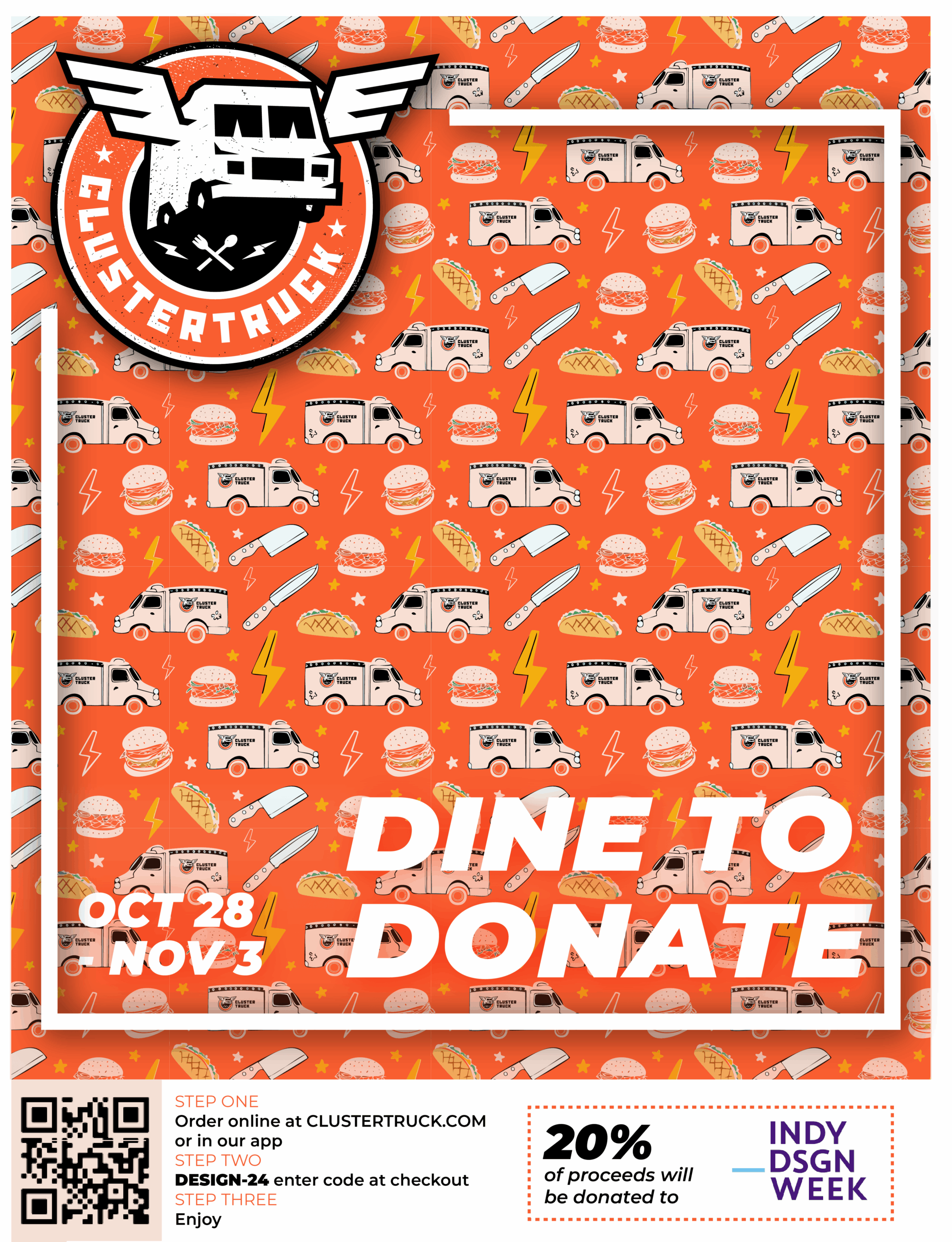 Vibrant AI-created pattern background with prominent discount code text for ClusterTruck’s Dine to Donate event