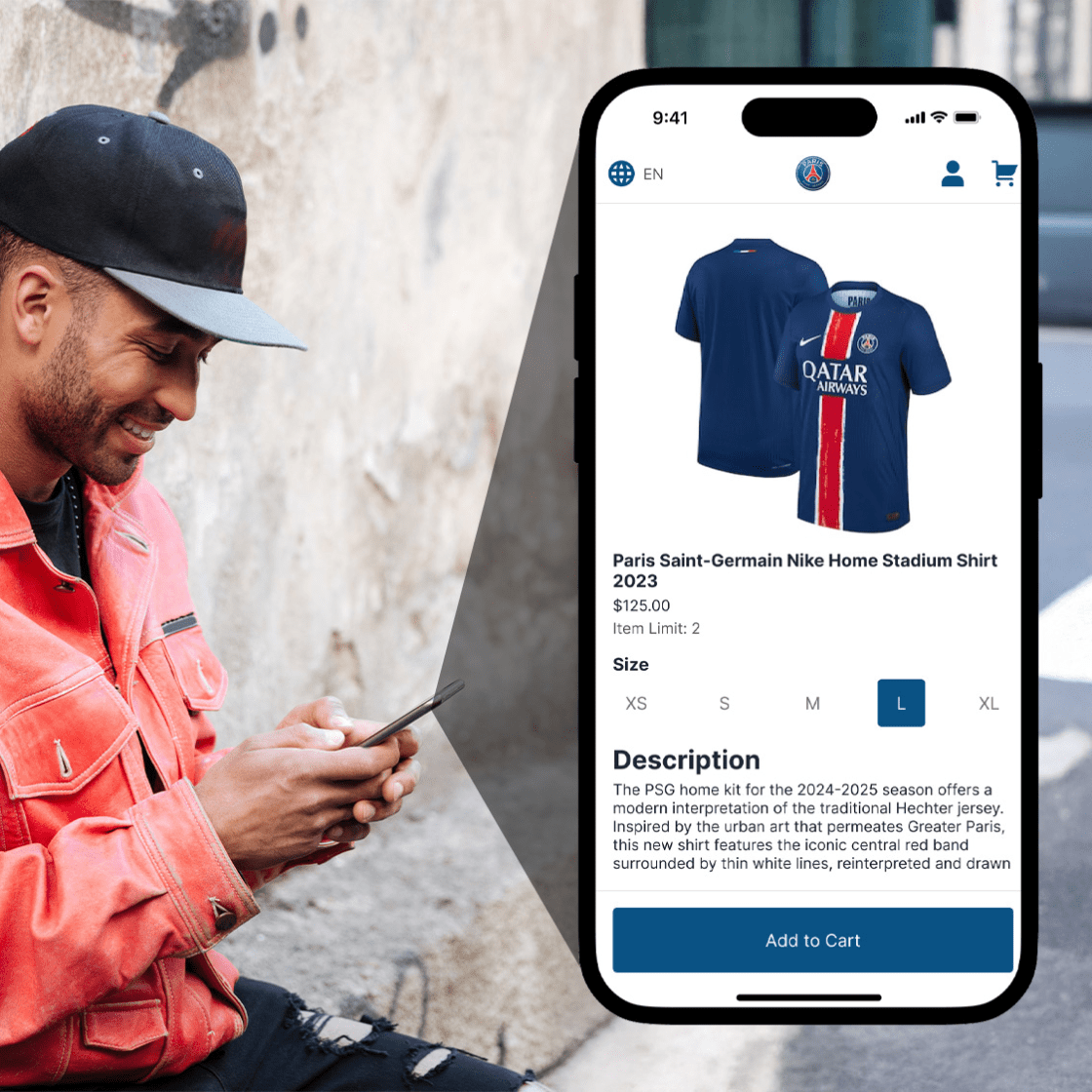 Lids shopper on his phone with a screen zoomed in of Lids shopping site