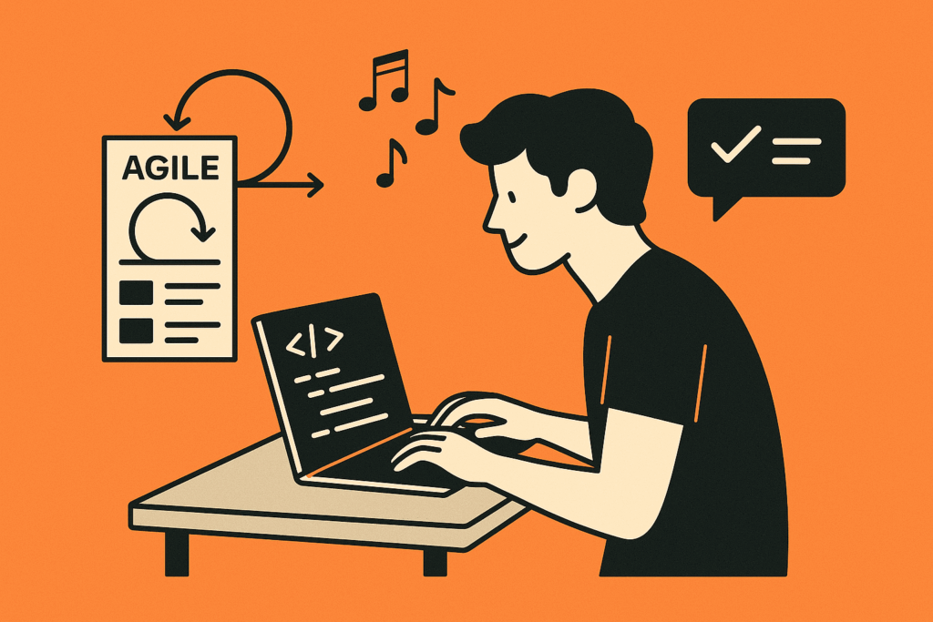 ai generated graphic showing a cartoon developer working on a computer with music notes in the air and doc above that shows an agile flow