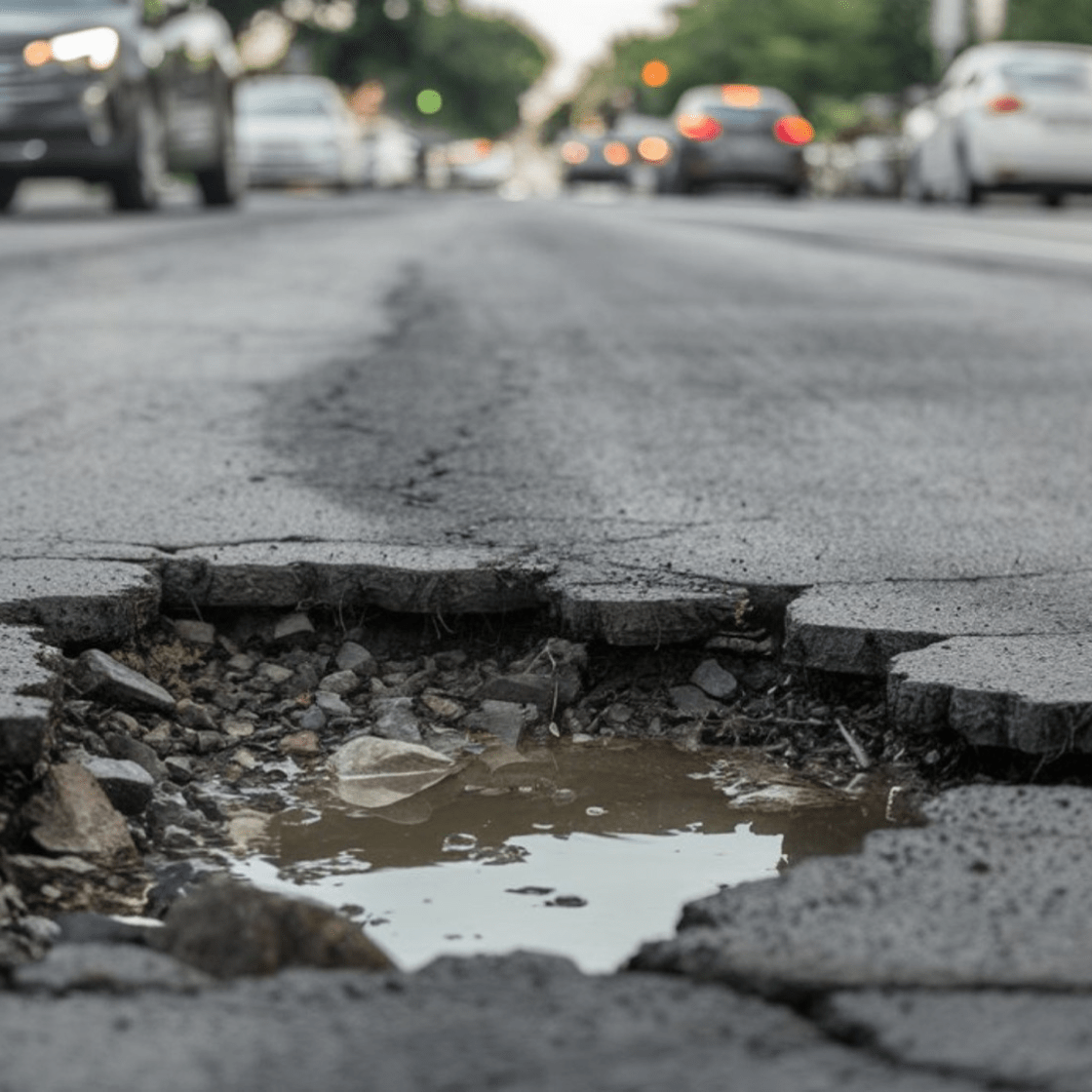 close up of a pothole full of water
