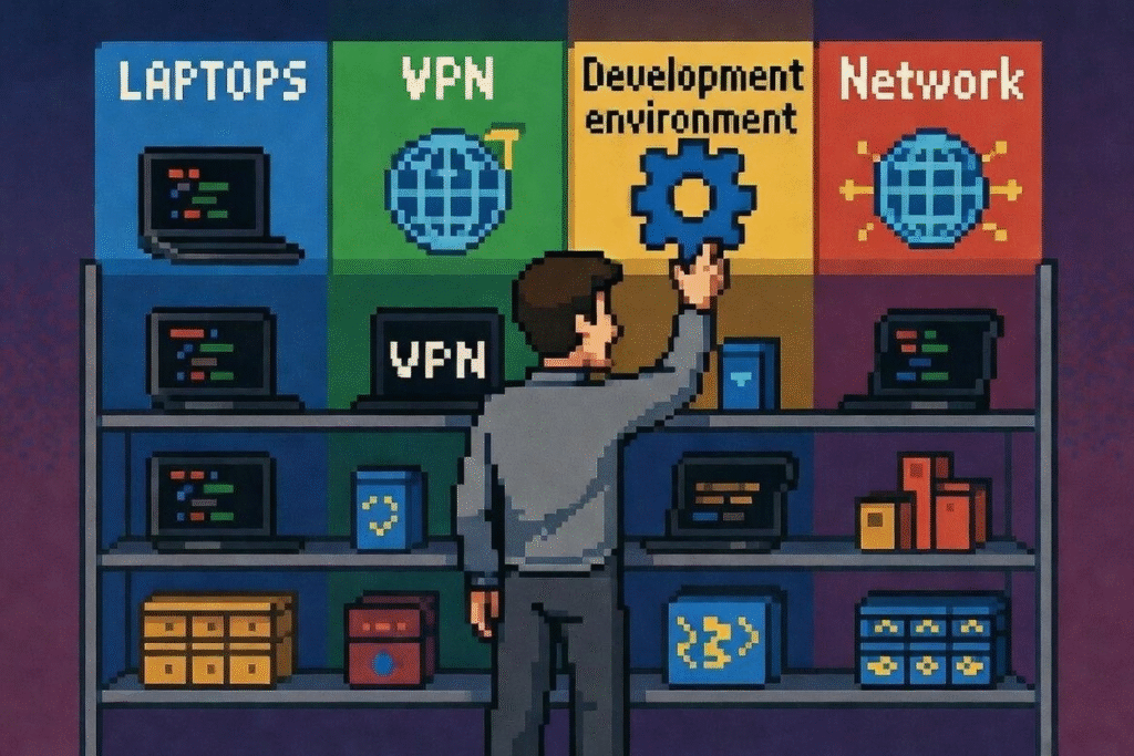 Retro style graphic of a man standing in front of shelving like a store with IT 'products' as if he's is shopping for physical products